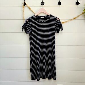 Navy blue striped dress bow detail sleeve sz S